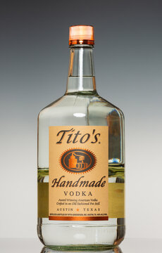Chicago, USA - June 15, 2023: A bottle of Tito's Homemade Vodka.
