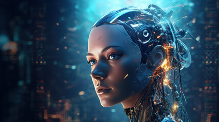 Artificial Intelligence concept with a woman's face, Generative AI
