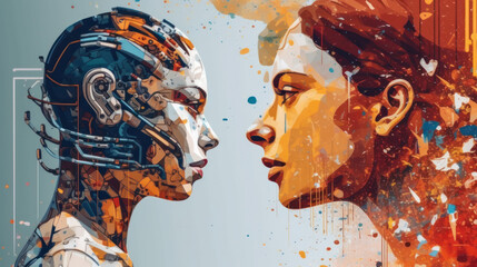 Abstract concept of an AI and a person facing off with each other, Generative AI