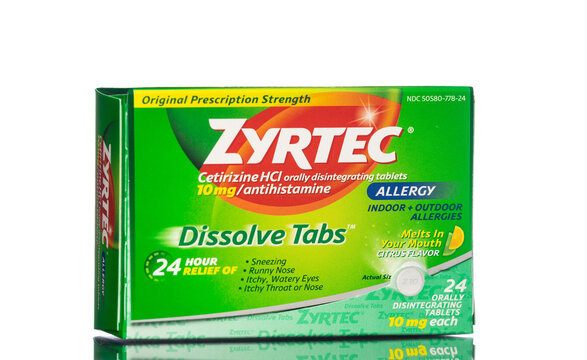 Chicago, USA - June 15, 2023: Box of Zyrtec Allergy dissolve tabs 24 hour relief.