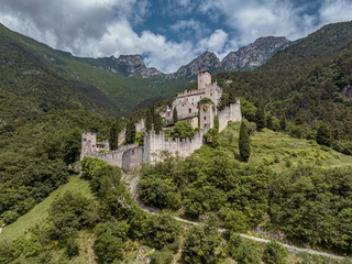 Fototapeta na wymiar Castle of Avio in Trento province, Vallagarina, Trentino Alto Adige, northern Italy, Europe. Sabbionara medieval castle from amazing drone view