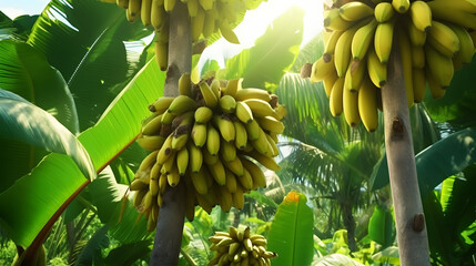 Banana plantation on a branch of a palm tree. - obrazy, fototapety, plakaty