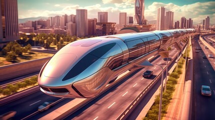 Concept for a revolutionary mode of transportation, such as a flying car, hyperloop system, or autonomous vehicle, designed to transform the way people travel
