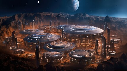 Futuristic space station or colony on another planet, showcasing advanced technologies like reusable rockets, extraterrestrial habitats, or asteroid mining
