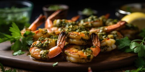 Easy Grilled Shrimp with Cilantro Salsa Verde close-up   Generative AI Digital Illustration Part#140623 