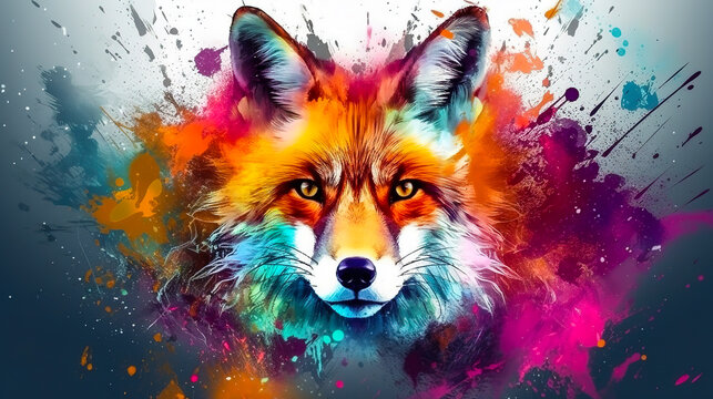 Red fox face vector illustration in abstract mixed grunge colors digital painting in minimal graphic art style. Digital illustration generative AI.