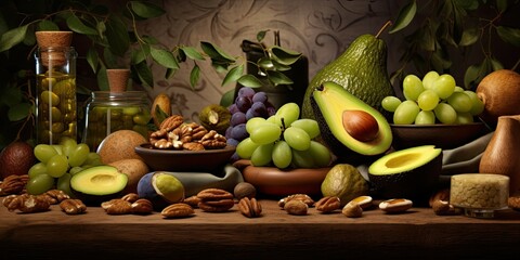 Obraz na płótnie Canvas olives walnuts and avocado are on a background close-up Generative AI Digital Illustration Part#140623 