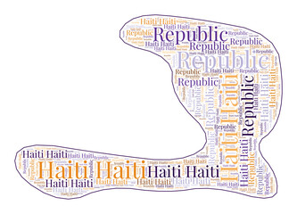 Haiti shape filled with country name in many languages. Haiti map in wordcloud style. Stylish vector illustration.