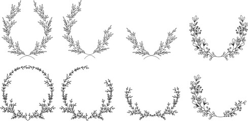 Luxury botanical gold wedding frame elements on white background. Set of circle shapes, glitters, eucalyptus leaves, leaf branches. Elegant foliage design for wedding, card, invitation, greeting