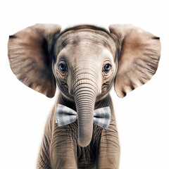 Fototapeta na wymiar Adorable Cute Baby Elephant Animal in a Bow Tie Close Up Portrait Generative AI on White Background