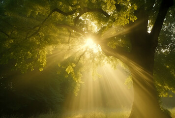 Nature's Radiance: The Enchanting Beauty of Sunbeams Filtering Through the Forest Canopy, ai generative