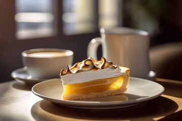 Appetizing Lemon Meringue Pie on a plate. Generative AI.