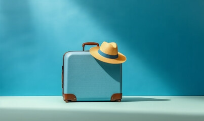 vacation holiday baggage suitcase blue hat journey trip fly background travel. Generative AI.