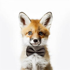 Adorable Cute Baby Fox Kit Pup Animal in a Bow Tie Close Up Portrait on White Background Nursery, Kid's, Children's room, pediatric office Digital Wall Print Art Generative AI