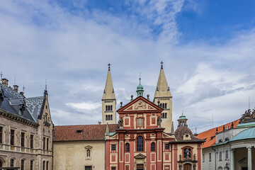 Fototapeta na wymiar Saint George's Basilica (Bazilika Svateho Jiri, founded around 920) - oldest preserved Romanesque church in Prague Castle. Prague, Czech Republic.