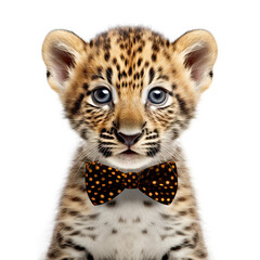 Fototapeta premium Adorable Cute Baby Cheetah Animal in a Bow Tie Close Up Portrait on White Background Nursery, Kid's, Children's room, pediatric office Digital Wall Print Art Generative AI