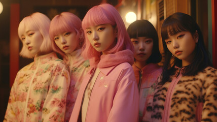 Adorable catgirls k - pop group, wearing street clothes, asian street culture. fantasy and fun image created with ai - obrazy, fototapety, plakaty