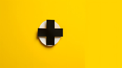 Black plus sign inside punch yellow paper for positive thinking mindset or healthcare insurance symbol or value added concept. - obrazy, fototapety, plakaty