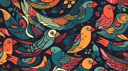 Birds. Tropical Pattern with Birds and Flowers in Bright Colors. Tropical Pattern. Birds Pattern. Made With Generative AI.