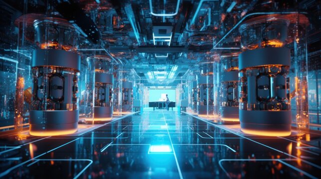 Futuristic laboratory where scientists harness the power of quantum computers, with complex algorithms and quantum entanglement pushing the boundaries of computation
