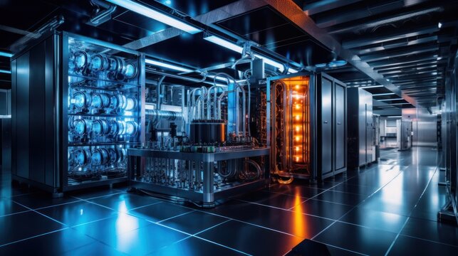 Futuristic laboratory where scientists harness the power of quantum computers, with complex algorithms and quantum entanglement pushing the boundaries of computation