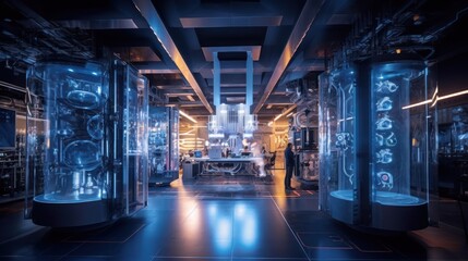 Futuristic laboratory where scientists harness the power of quantum computers, with complex algorithms and quantum entanglement pushing the boundaries of computation