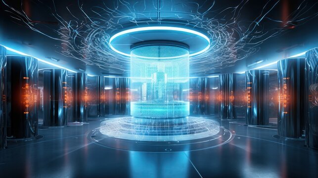 Futuristic laboratory where scientists harness the power of quantum computers, with complex algorithms and quantum entanglement pushing the boundaries of computation