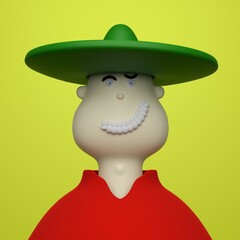 cheerful young man in mexican sombrero hat and red shirt . 3d character illustration render 