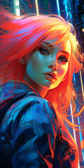 Fototapeta premium Woman in blue jacket orange and pink hair