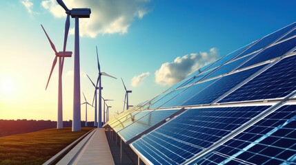 Fototapeta premium Innovative technologies in renewable energy, such as solar panels, wind turbines, or advanced energy storage systems, aimed at reducing carbon footprint and promoting sustainability