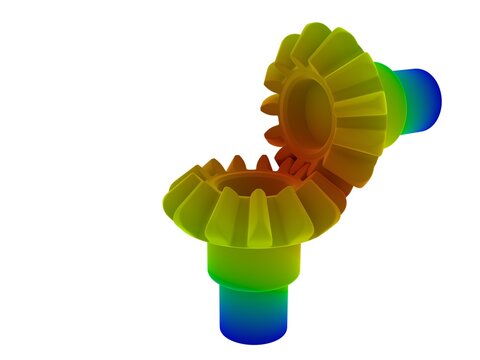 mechanical stress analysis illustration of two connected gears. 3d render illustration isolated on white background with copy space