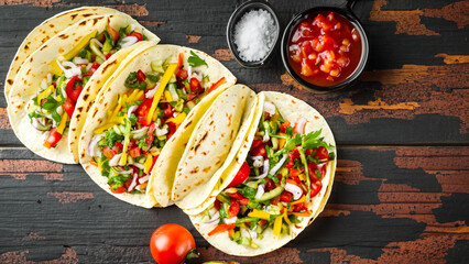 Tacos with vegetables and salsa. Mexican kitchen. Wooden rustic background. Top view. Copy space and text area. - generative ai