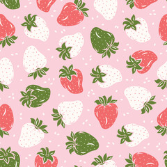 Vector Strawberries Seamless Pattern. Red, Green, White Wild Strawberry. Berries Pink Background. Fruit Berry Wallpaper. Great for Textile, Wrapping Paper, Packaging etc.