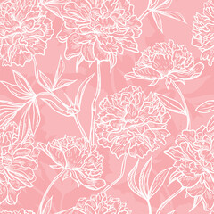 Peonies Vector Floral Seamless Pattern. Vintage Flower Pink Background with Hand Drawn Sketch Peony Flowers and Leaves.
