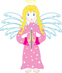 Cartoon cute angel girl with wings. Illustration of single small praying angel with halo and sparkler. Png.