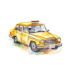 Old yellow taxi car watercolor drawing. isolated on white background. yellow taxi car cartoon style Generative AI