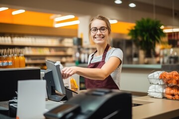 Smiling young female supermarket worker looking at the camera. Generative AI