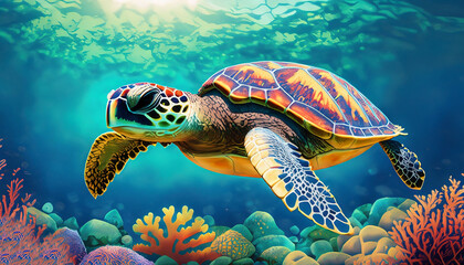 Fototapeta premium Colorful illustration of a sea turtle swimming over coral reefs. Generative AI