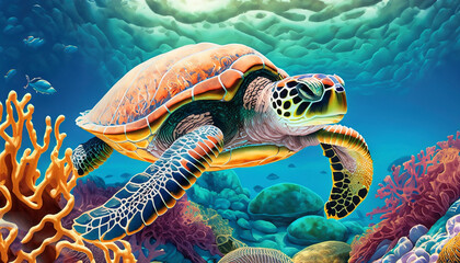 Obraz premium Colorful illustration of a sea turtle swimming over coral reefs. Generative AI