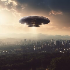 UFO in the sky above the earth. Fantastic illustration