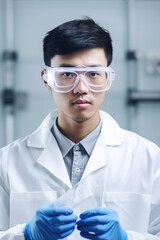Young Asian man lab technician looking at camera. Generative AI