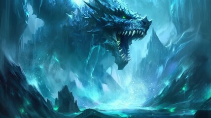 An Illustration of a Fantasy Big Scary Dragon Shouting in a Ice Cavern. Generative AI.