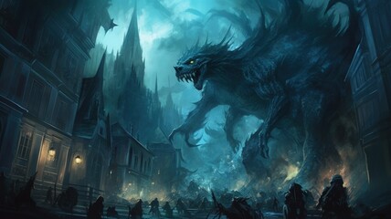 An Illustration of a Fantasy Fight Scene between a Gigantic Monster and Soldiers in a City. Generative AI.