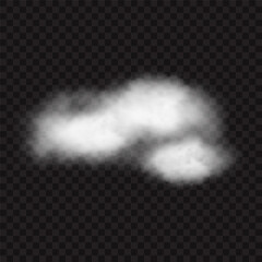 White realistic puff cloud on transparent background. Vector illustration of mist, vapor or smog
