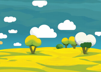 Fototapeta na wymiar abstract cartoon style of pastoral rural landscape, illustration of yellow field, green trees and blue sky with fluffy clouds created with generative ai technology