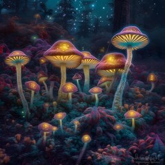 Fototapeta na wymiar colorful Amaranth amanita mushrooms that glow by the fractal midnight forest ar 4 5