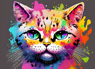 illustration cat face with colorful splashes, Can be used for the logo, t-shirt design, posters, banners, greetings, print design, generative ai