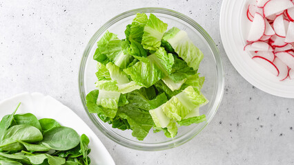 Spring mix salad in a glass bowl. Romaine lettuce, baby spinach, and fresh radish slices close-up on the kitchen table