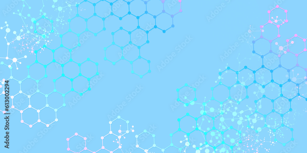Poster abstract hexagonal molecular structures on blue background for design on topic of scientific researc