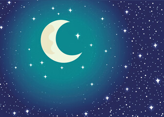 Naklejka na ściany i meble abstract cartoon style of blue night sky with stars and moon created with generative ai technology